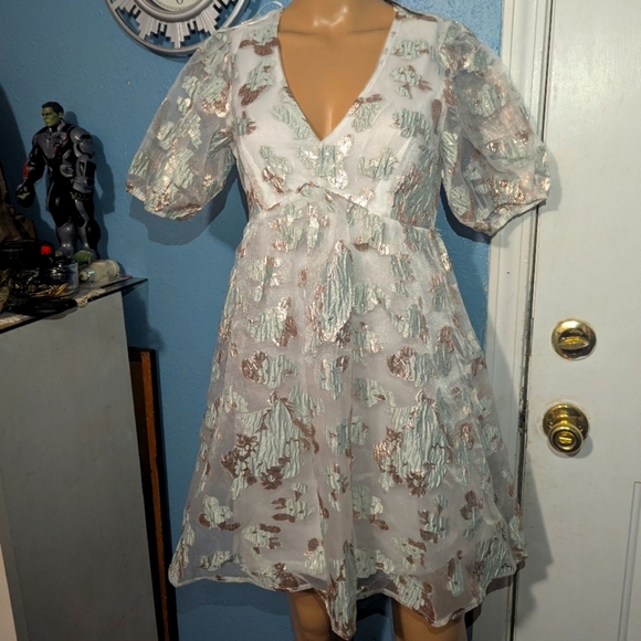 Audrey Park Cream Puff Sleeve V-Neck Mini Dress - Picture 1 of 7